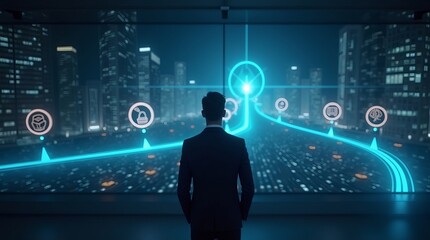 A man in a suit gazes out at a futuristic city skyline with digital icons lighting the path ahead.
