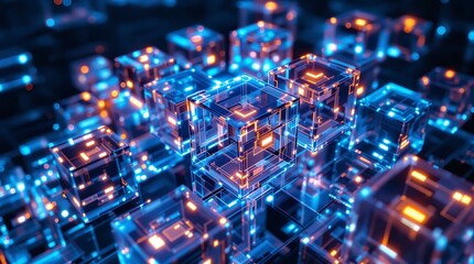 Abstract digital cubes with blue and orange lights