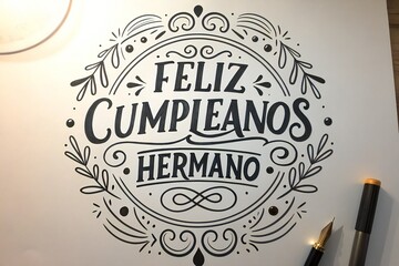 Hand-drawn 'Happy Birthday Brother' calligraphy art with decorative floral elements, Feliz Cumpleanos Hermano