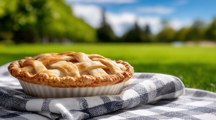A freshly baked pie sits on a checkered blanket in a sunny park, surrounded by greenery. Perfect for outdoor gatherings and picnics.