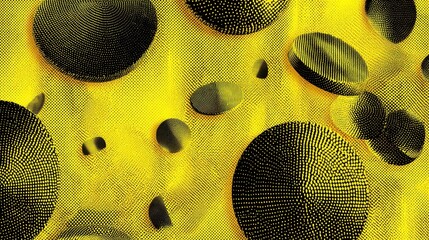 A rhythmic yellow hatch pattern with halftone dots and sliced currency motifs, merging vintage and futuristic vibes.