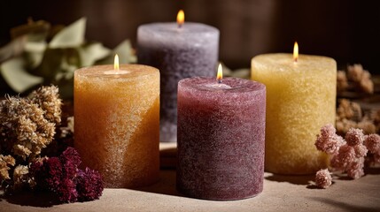 Elegant Lit Candles Arranged with Dried Flowers Creating a Warm and Relaxing Ambiance for Home Decor