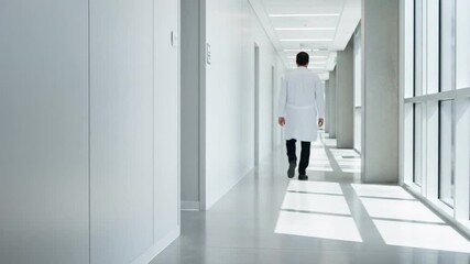 Male Doctor Walking Down Hospital Hallway Interior View