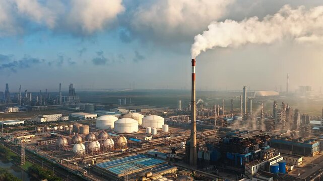 Aerial shot of an oil refinery and chemical plant industrial complex with smoke stacks emitting smoke, causing air pollution.