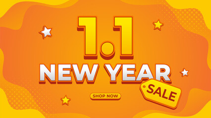 1.1 New Year sale banner template with orange gradient wave background, modern wallpaper design for sale promotion, e-commerce, marketing ads, events, web, pages and more