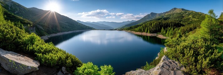 A panoramic view of a serene mountain lake surrounded by lush greenery and distant mountains under a clear blue sky, perfect for nature lovers.