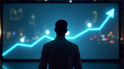 A businessman gazes at a digital graph with an upward trend, symbolizing growth and success.