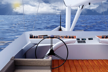Barca a vela. Yacht a vela di lusso. Visione dal ponte di comando con timone, Sullo sfondo cielo e mare azzurro.