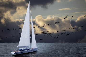 Barca a vela. Yacht a vela di lusso.  Barca che naviga  in mare blu, orizzonte di sfondo con mare e cielo con nuvole e gabbiani in volo.