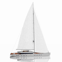 Barca a vela. Yacht a vela di lusso. Rendering 3D dell'imbarcazione su sfondo bianco con riflesso. Scontornabile oggetto singolo isolato.