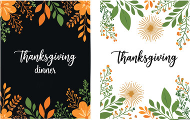Thanksgiving floral greeting card design with autumn leaves, festive holiday dinner invitation template, seasonal botanical border artwork for fall celebrations