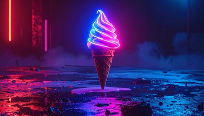 A neon swirl of ice cream glows in darkness—fantasy treat of color and desire, where mist and shadow frame a surreal indulgence lit from within by playful, futuristic longing.