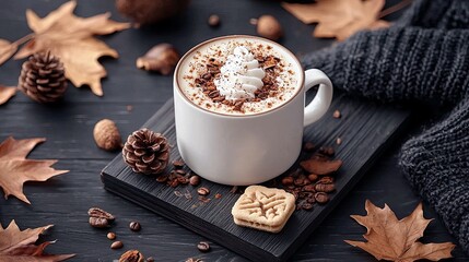 A warm and inviting autumn-themed beverage setting featuring a latte with whipped cream, surrounded by natural elements like leaves and pinecones, and a cozy kn