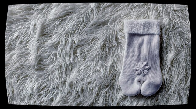 A single white tabi sock with a snowflake design sits on a plush, white, shaggy rug, evoking a sense of winter comfort.