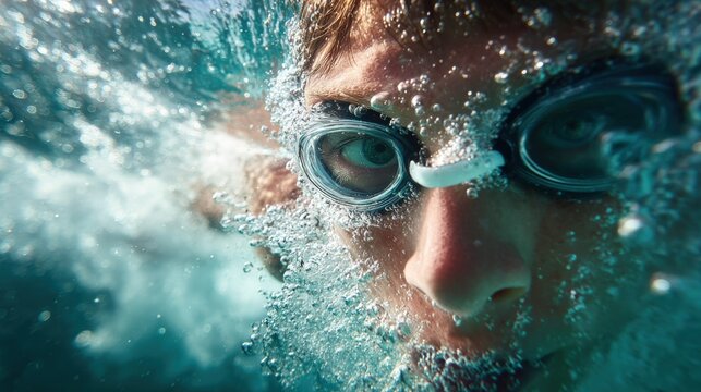Underwater Swimmer in Motion with Goggles, Capturing Active Sports and Water Activities