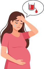 Pregnant woman suffering from anemia or blood deficiency, holding her head in distress. Illustration of pregnancy complication and health worry.