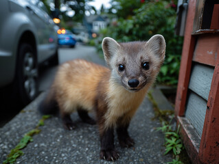 Kuna z futrem w kolorze jasnobrązowo-złotym stoi na betonowym chodniku, patrząc prosto w obiektyw. W tle widać samochody w miejskiej ulicy.