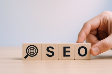SEO Optimization Concept: Wooden Blocks Spelling SEO with a Hand for Website Ranking and Visibility