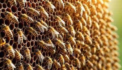 Honeybee Colony on Honeycomb: A Close-Up View of Bee Life and Honey Production in a Thriving Hive