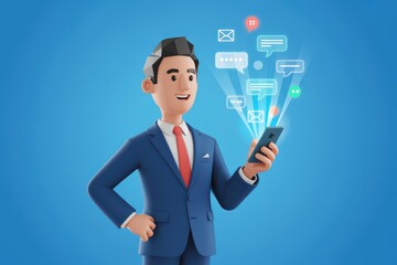 Illustration of a man in a suit interacting with a smartphone displaying social media icons and notifications