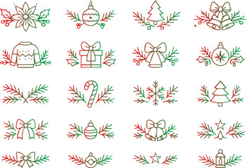 Collection of festive Christmas ornaments and decorations, featuring various designs of branches, bells, gifts, and holiday elements, perfect for seasonal graphics and celebrations