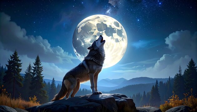 A lone wolf howls beneath a full moon—ritual of solitude and cosmic longing, where silhouetted peaks and star-strewn skies echo the wild choreography of instinct and ancestral memory. - Powered by Adobe