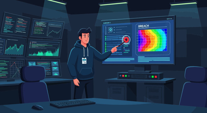 Cybersecurity Analyst Identifying a Security Breach in a Dark Monitoring Room