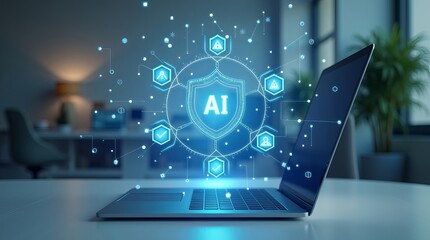 A sleek laptop with a digital shield symbolizing AI security, set in a modern office environment.