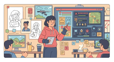 Game design studio presentation of interface design to team for collaborative work