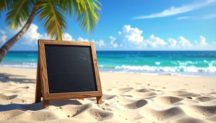 A blank chalkboard stands in beach sand—an open invitation to inscribe memory, learning, or silence amid turquoise waves, palm shadows, and the gentle breath of ocean breeze.