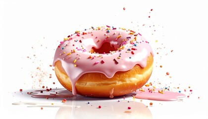 A single donut with pink icing and scattered sprinkles—sweet ritual of indulgence, color, and fleeting joy, where sugar becomes celebration and the surface drips with playful abandon.