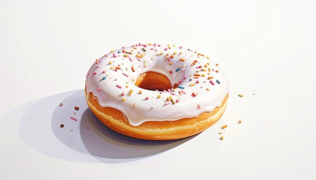 A single donut with pink icing and scattered sprinkles—sweet ritual of indulgence, color, and fleeting joy, where sugar becomes celebration and the surface drips with playful abandon.