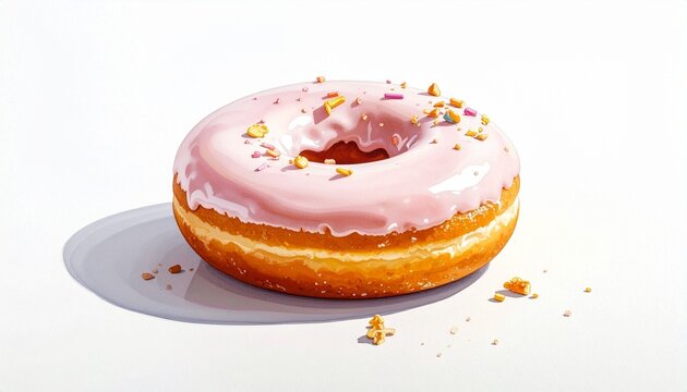 A single donut with pink icing and scattered sprinkles—sweet ritual of indulgence, color, and fleeting joy, where sugar becomes celebration and the surface drips with playful abandon.