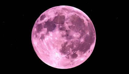 A pink moon glows in black space—celestial anomaly of color and memory, where lunar craters shimmer with surreal warmth and the night holds its breath in quiet cosmic reverence.