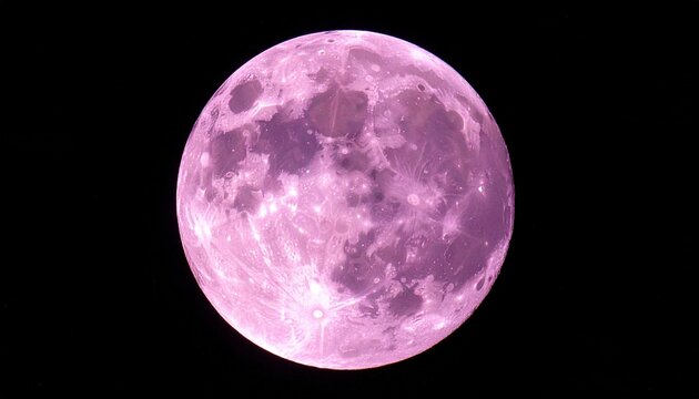 A pink moon glows in black space—celestial anomaly of color and memory, where lunar craters shimmer with surreal warmth and the night holds its breath in quiet cosmic reverence.
