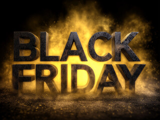 Trójwymiarowy napis BLACK FRIDAY w czarnym, kamiennym stylu, otoczony złotym, dymnym blaskiem i pyłem. Mocna, promocyjna grafika. © Silent26