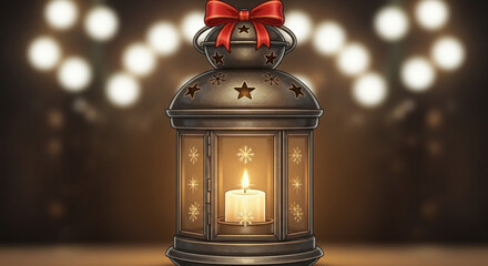 Decorative christmas lantern with candle and red bow festive holiday home decor illustration image design