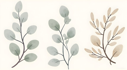 Three Eucalyptus Branches with Green and Beige Leaves on White Background for Natural Decor