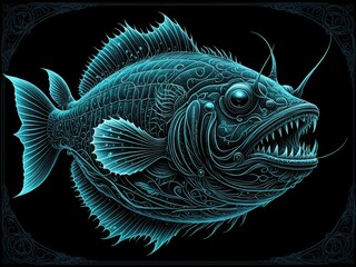 Intricate Anglerfish Illustration: Deep Sea Creature with Bioluminescent Lure - Artful Engraving Style