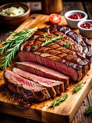 Juicy Grilled Steak on Wooden Board with Rosemary, Butter, and Ketchup - Gourmet Food Photography for Recipes & Menus