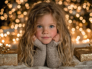 Urocza dziewczynka z długimi, kręconymi włosami i niebieskimi oczami, leżąca z rączkami pod brodą. W tle rozmyte, ciepłe, świąteczne światła bokeh.