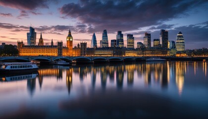 Obraz premium London Skyline at Dusk: Houses of Parliament, Big Ben, Thames River Reflection - A Stunning UK Cityscape Photography