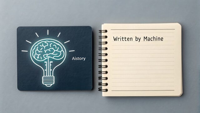 Notebook and AI concept with glowing brain and text on pages