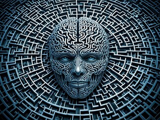 Intricate Labyrinth Brain Face - AI, Technology, and Human Cognition Concept
