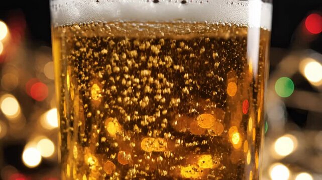 Close Up of Bubbles in a Glass of Lager Beer With Christmas Lights - Powered by Adobe