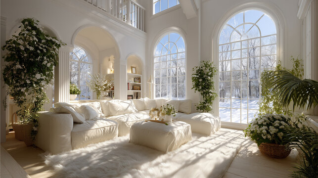 Luksusowy, jasny salon z wysokim sufitem i łukowymi oknami z widokiem na zimowy krajobraz. Białe, puszyste meble i dużo zielonych roślin.