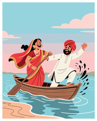 Obraz premium Joyful indian couple on a boat adventure, paddling near a tranquil shore