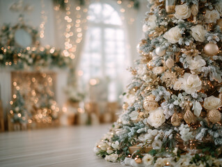 Zbliżenie na choinkę ozdobioną beżowo-złotymi r&oacute;żami i bombkami. Luksusowe wnętrze z kominkiem i girlandami świateł w rozmytyym tle.