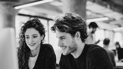 Two Young Professionals Collaborating on a Computer Screen in a Modern Office Space