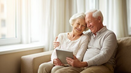 Happy Senior Couple Enjoying Technology Together, Embracing Modern Lifestyle, Staying Connected, and Cherishing Time